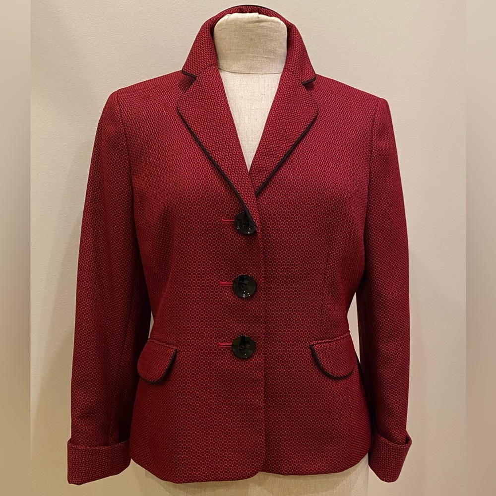 Le Suit Womens Red Black Mini Print Blazer w Black Piping / Size 10